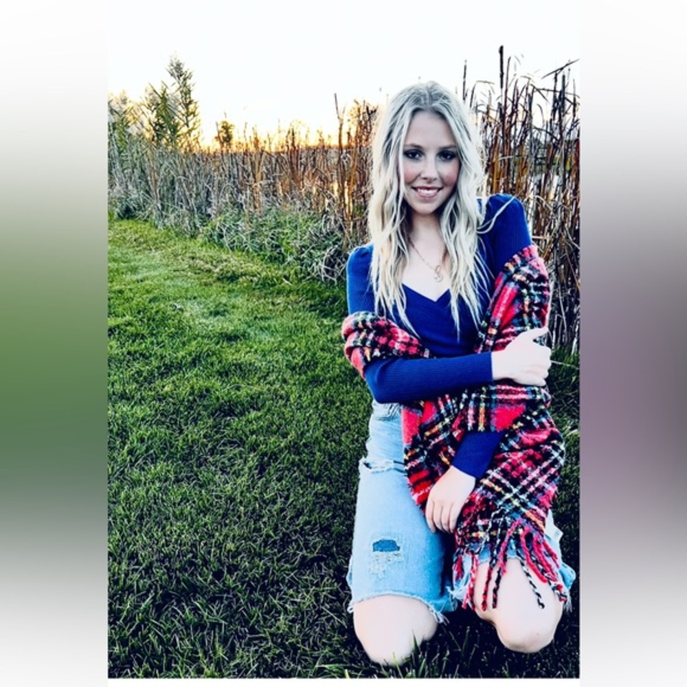 Plaid Fringe Scarf in Red and Blue